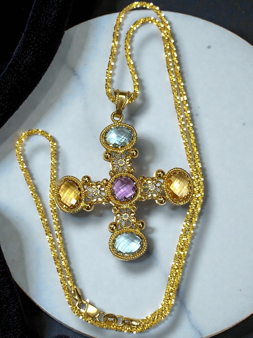 Estate 750 18k Yellow Gold Gemstone Maltese Cross 18” Popcorn Chain Necklace